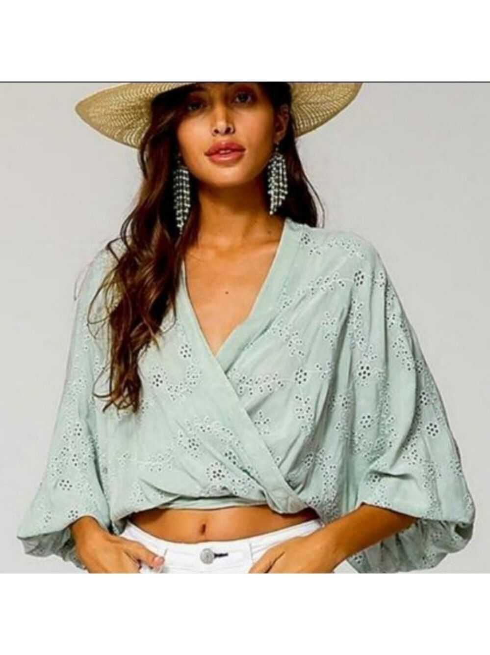 Young Fabulous & Broke Mint Green Tia Eyelet Faux Wrap Top